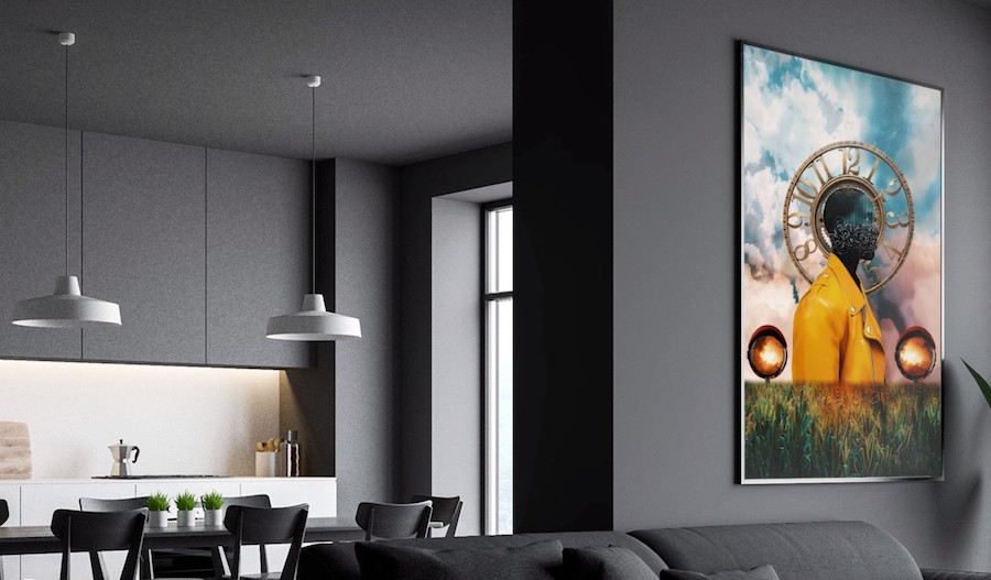 Vertically wall-mounted flat panel in a home living area displaying NFT artwork.